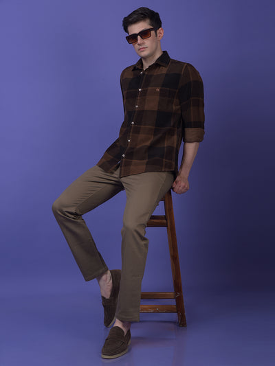 Brown Checked 100% Cotton Corduroy Shirt