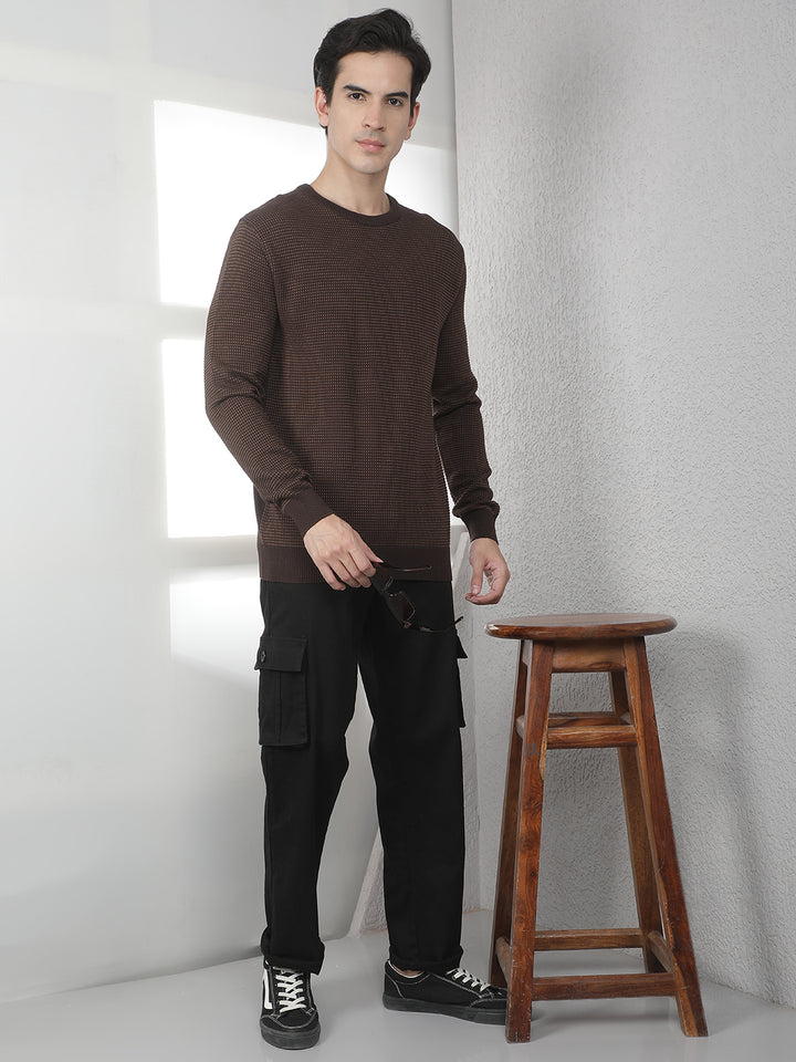 Brown 100% Cotton Textured Round Neck Sweater