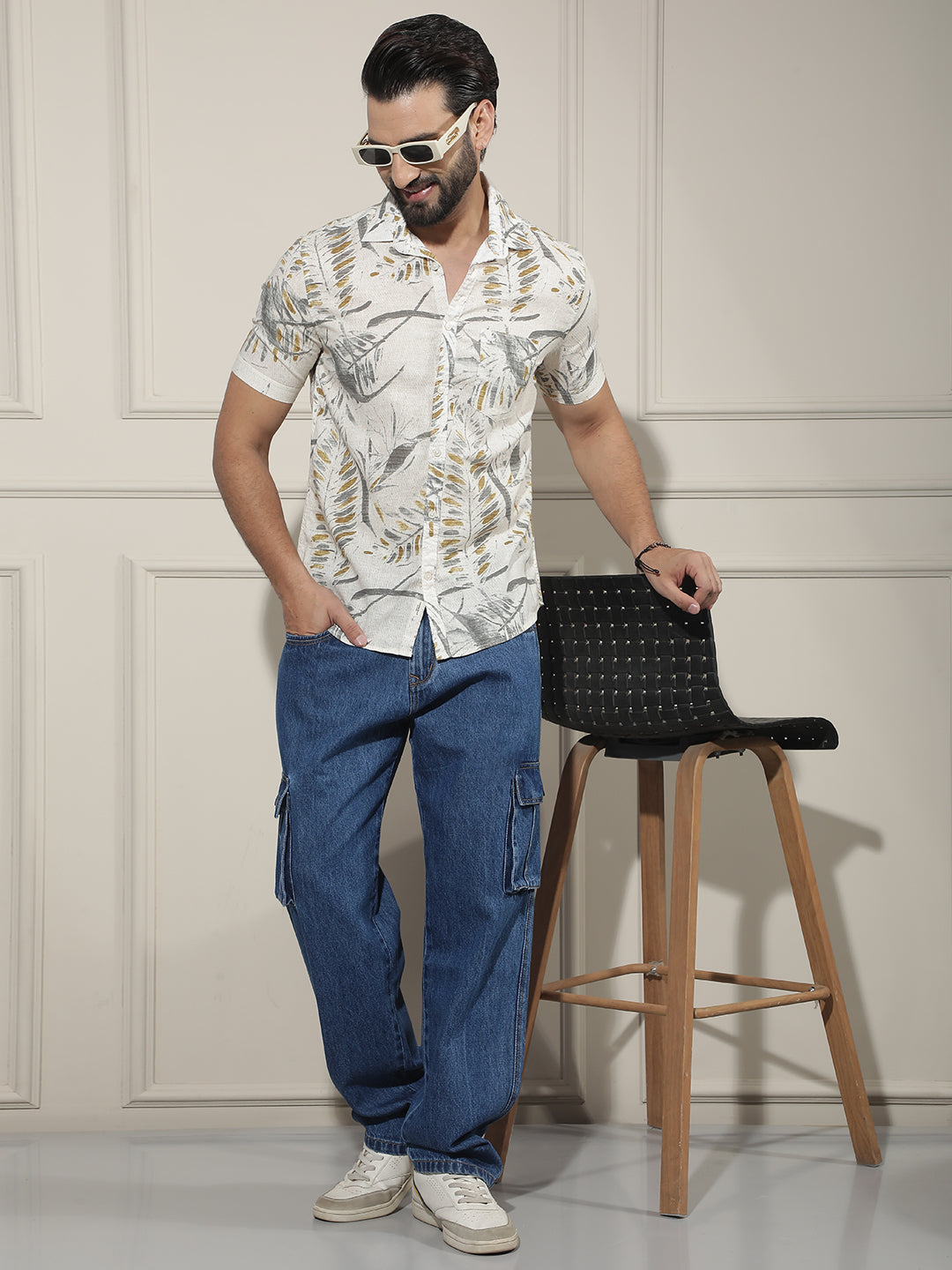 Grey Floral Print Linen Shirt