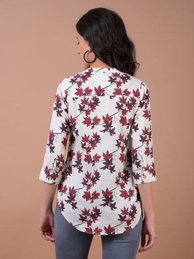 White Floral Print V-Neck Linen Top