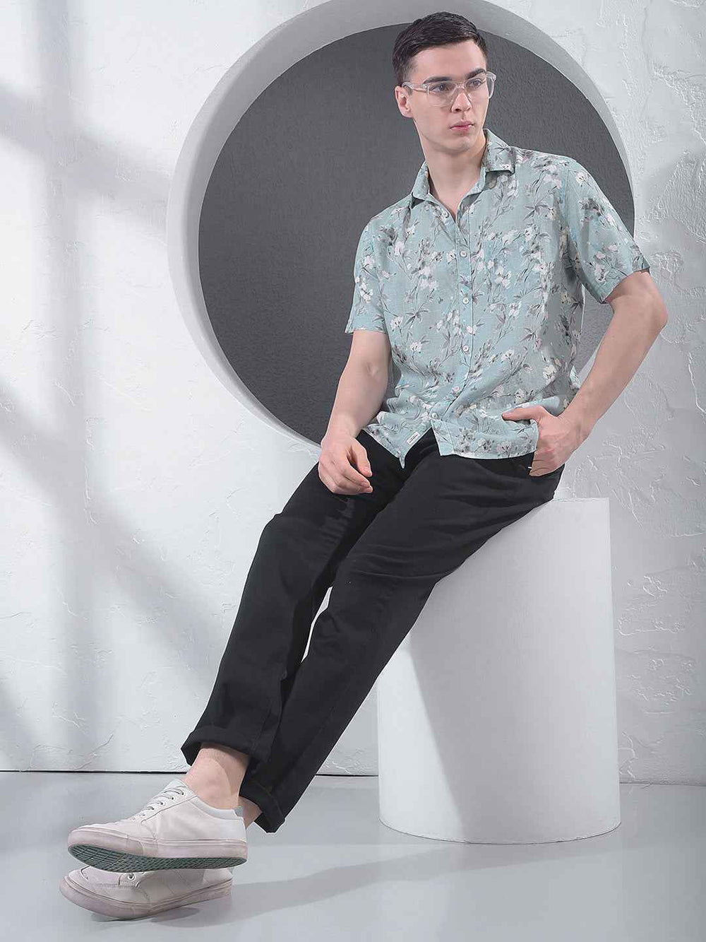 Green Floral Print Linen Shirt