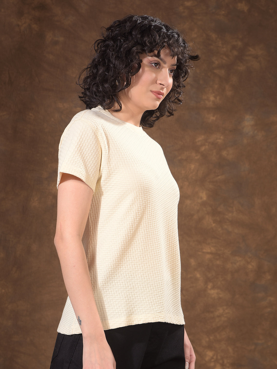 Luxe Warm Sand Beige Jacquard T-Shirt