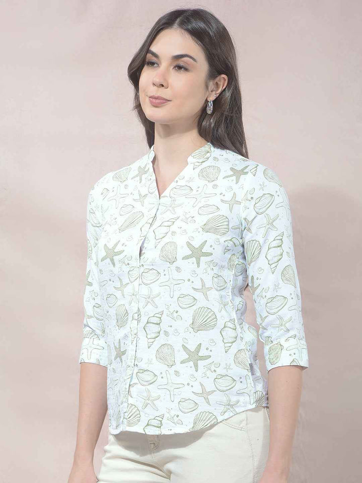 Green Printed V-Neck 100% Cotton Shirt