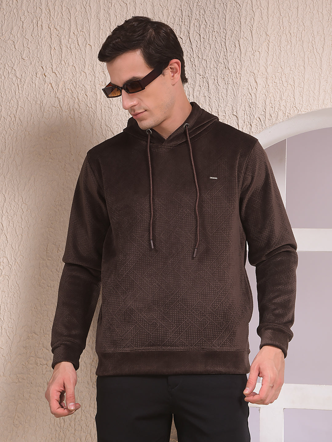 Brown Jacquard Hooded Neck Sweatshirt