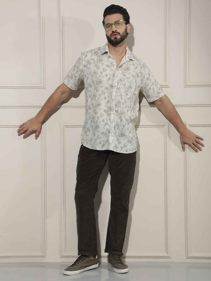 Green Floral Print Linen Shirt