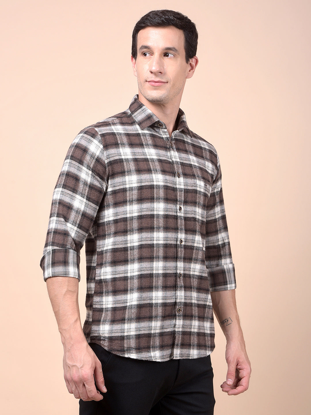 Brown Checked 100% Cotton Shirt