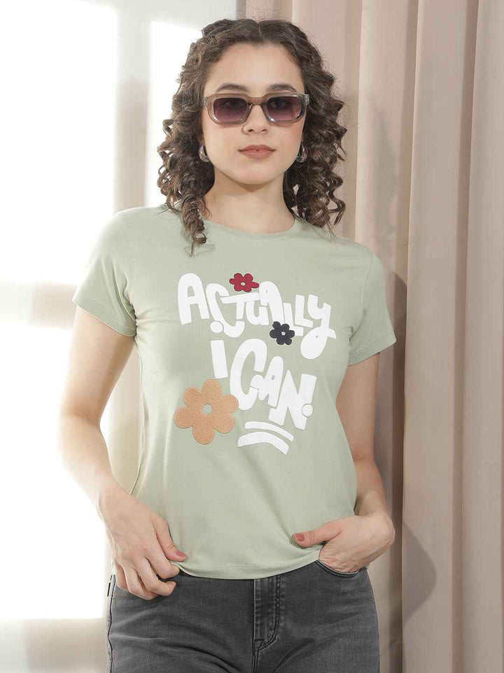 Green Typographic Embroidery T-Shirt