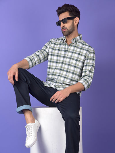 Green Checked 100% Cotton Button-Down Collar Shirt