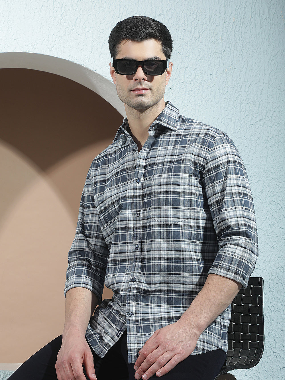 Navy Blue 100% Cotton Checked Shirt