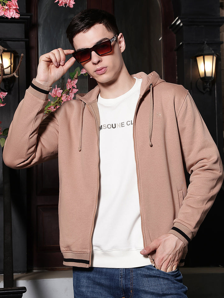 Beige Hooded Neck Front Open Sweatshirt