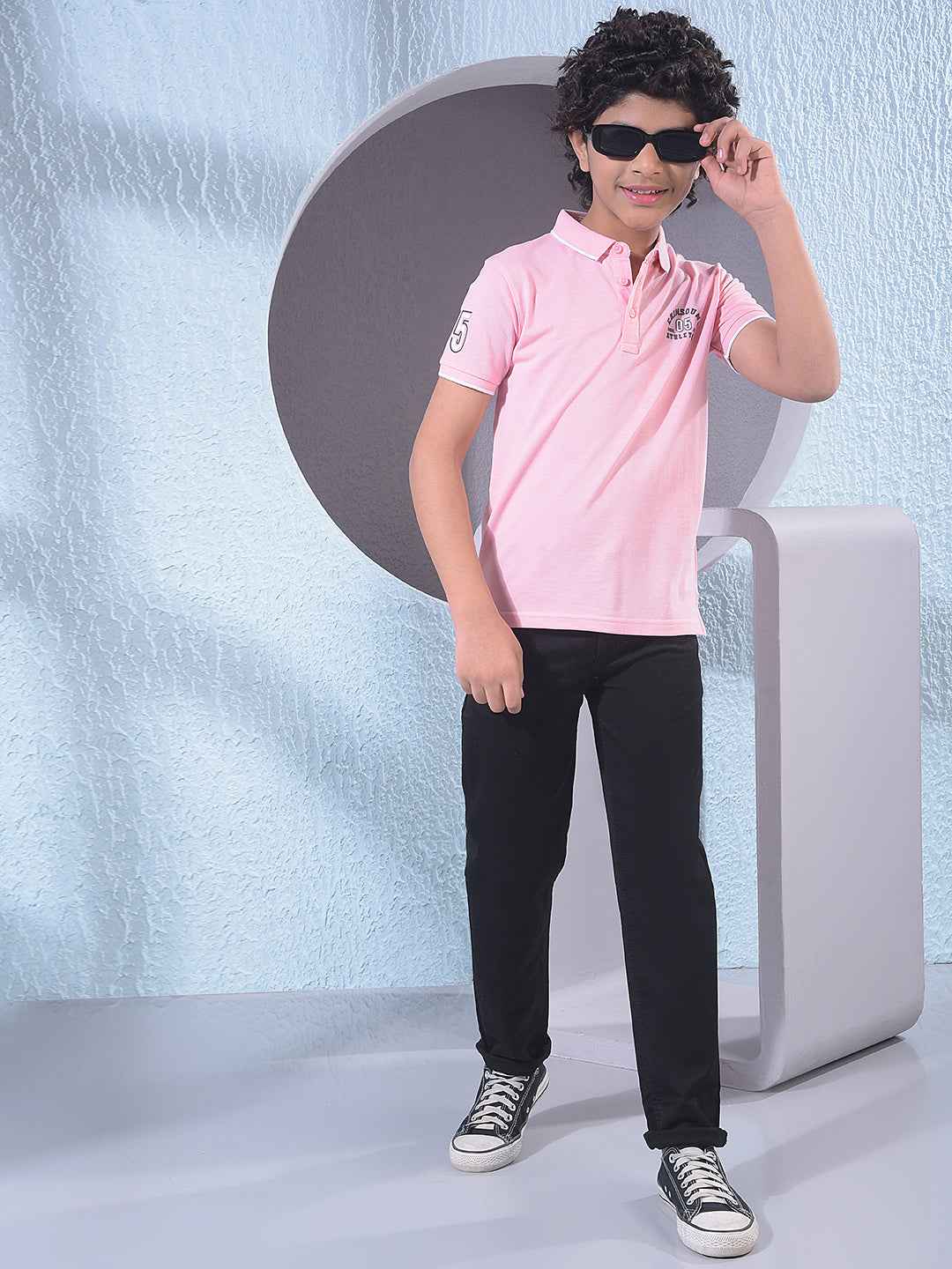 Pink Typographic Print Polo Neck T-Shirt