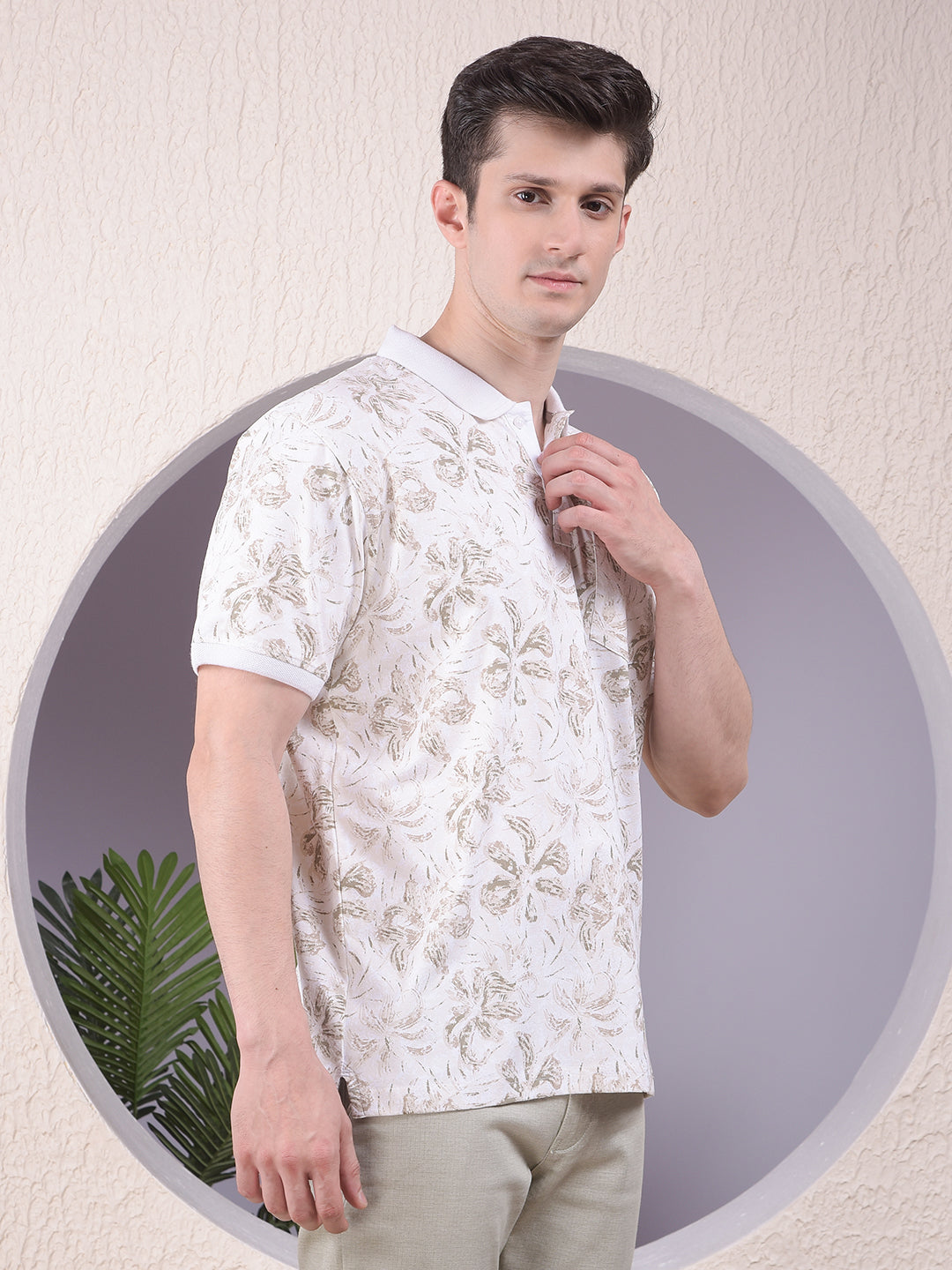 Beige Floral Print Polo-Neck T-Shirt