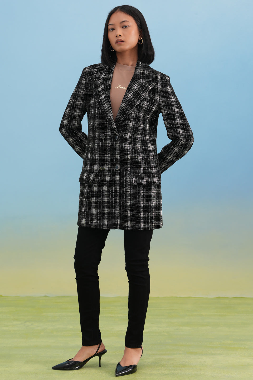 Black Checked Notched-Lapel Double-Breasted Coat