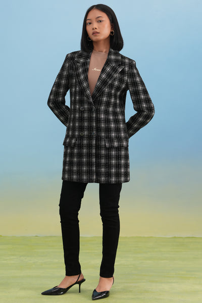 Black Checked Notched-Lapel Double-Breasted Coat