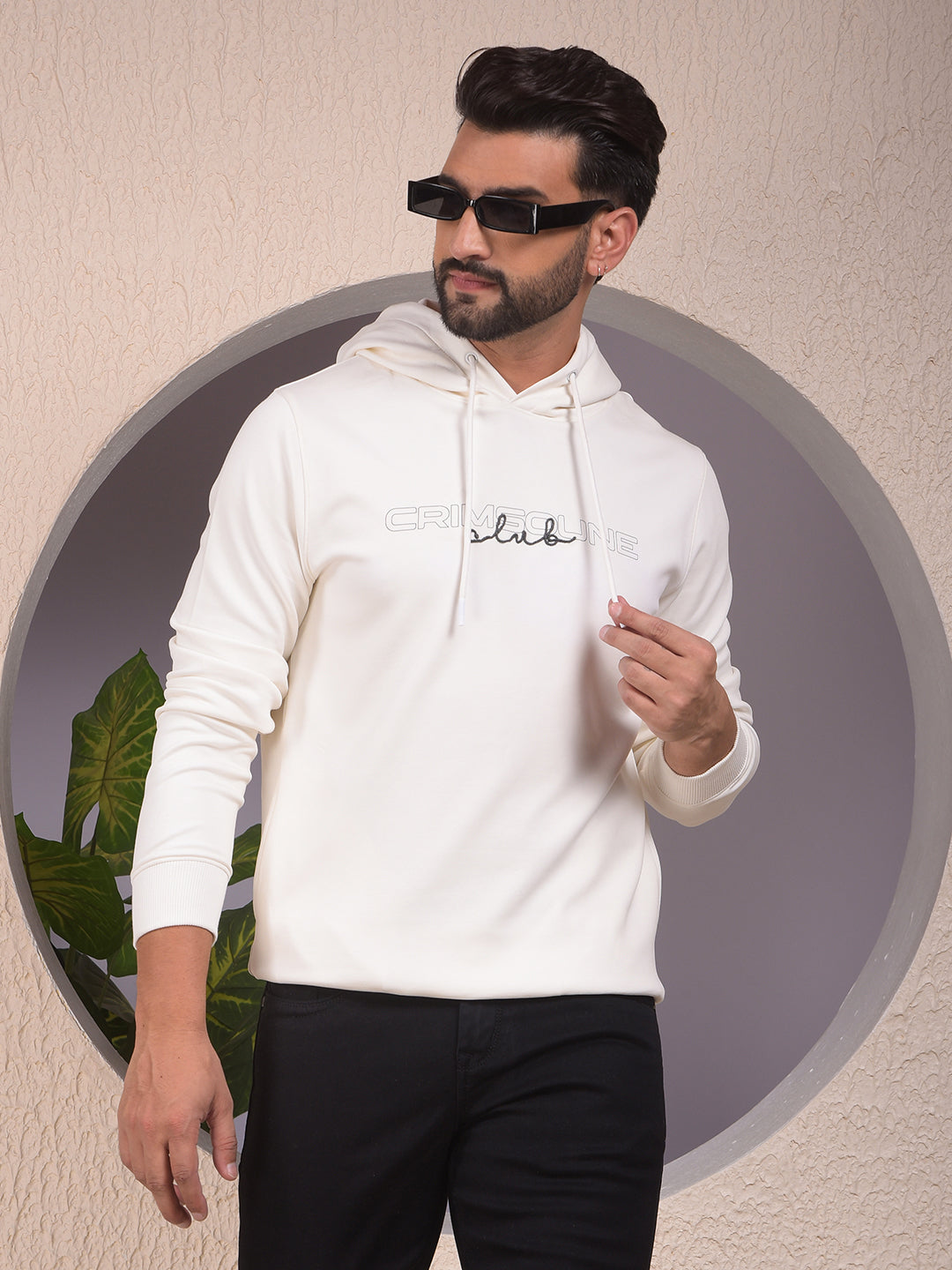 Off White Embroidered Hooded Neck Sweatshirt
