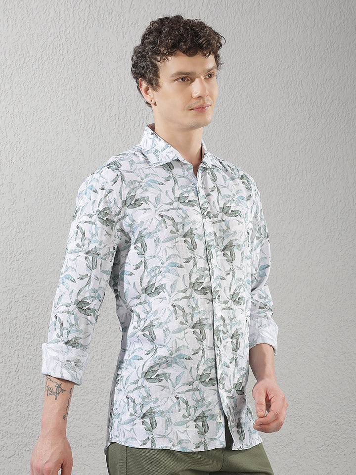 Green Botanical Print Linen Shirt