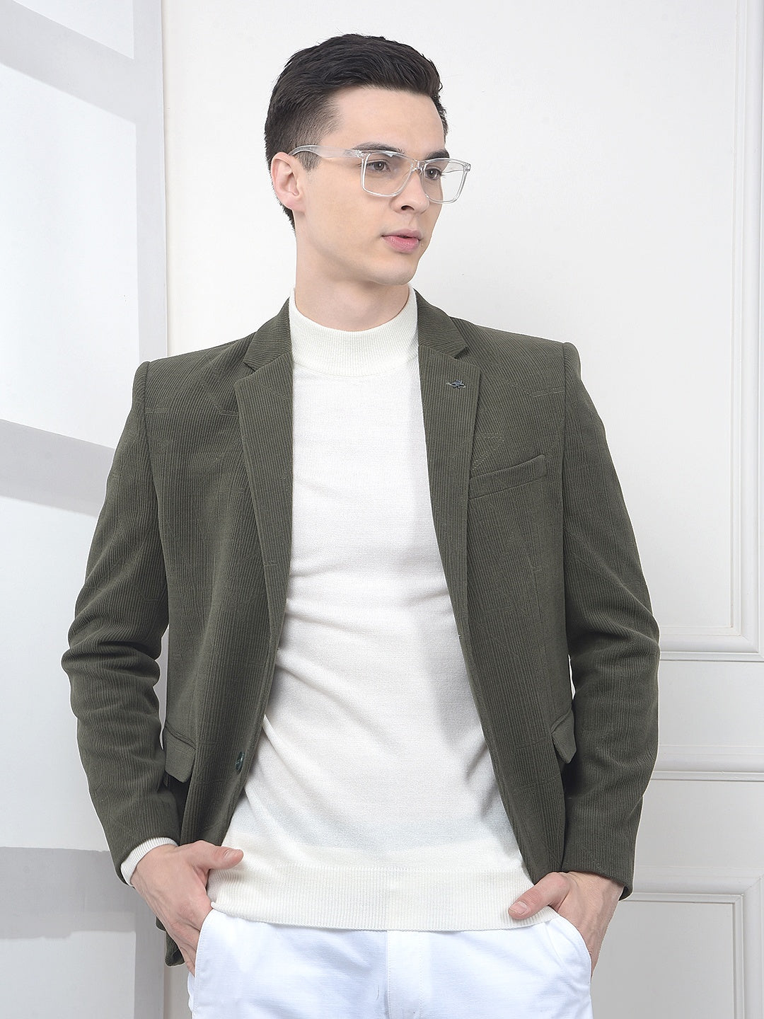 Olive Jacquard Notched Lapel Single-Breasted Blazer
