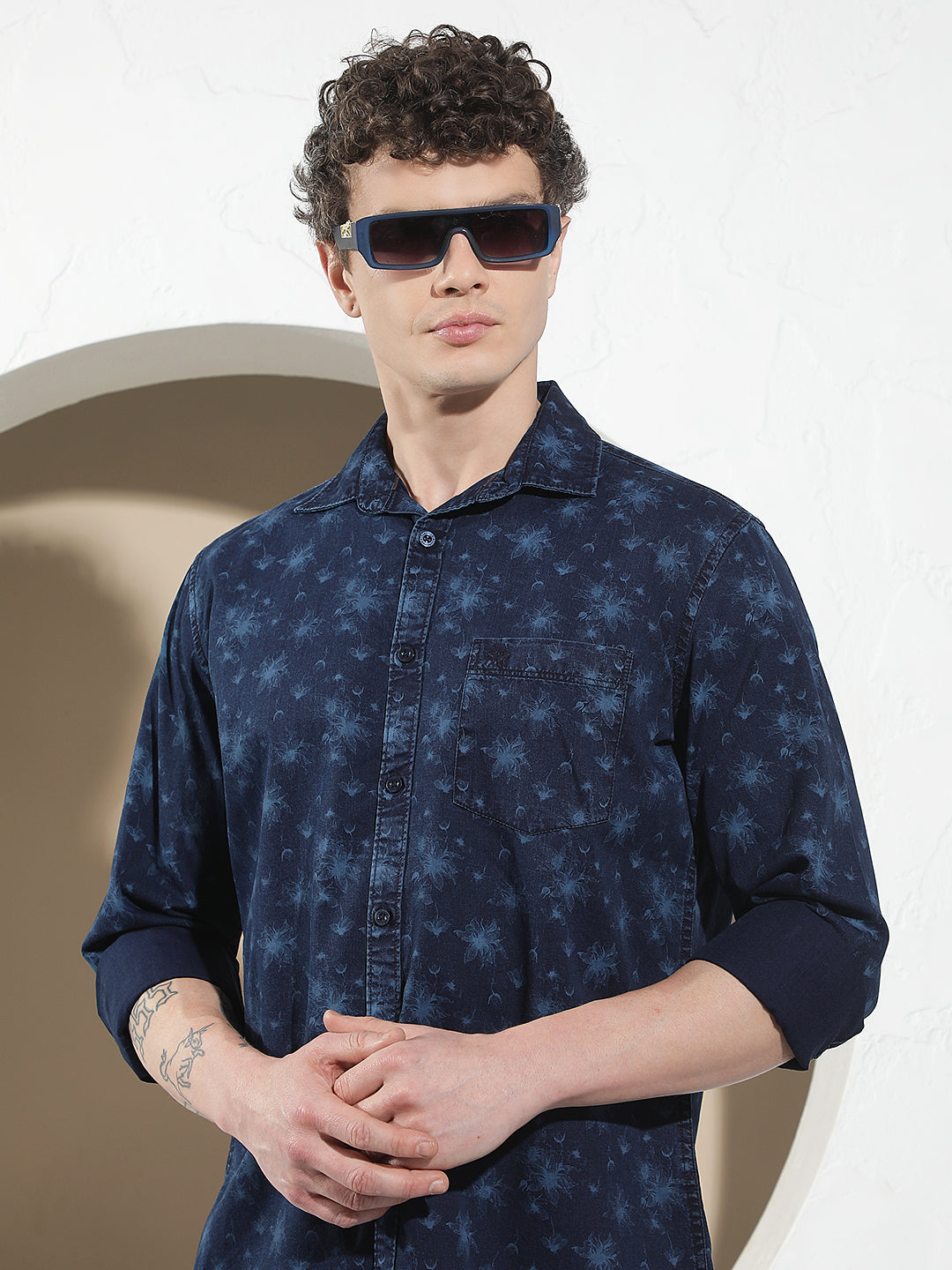 Navy Blue Floral Print 100% Cotton Denim Shirt