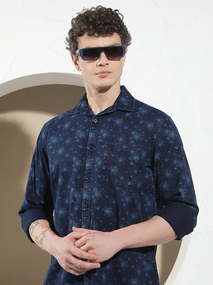 Navy Blue Floral Print 100% Cotton Denim Shirt