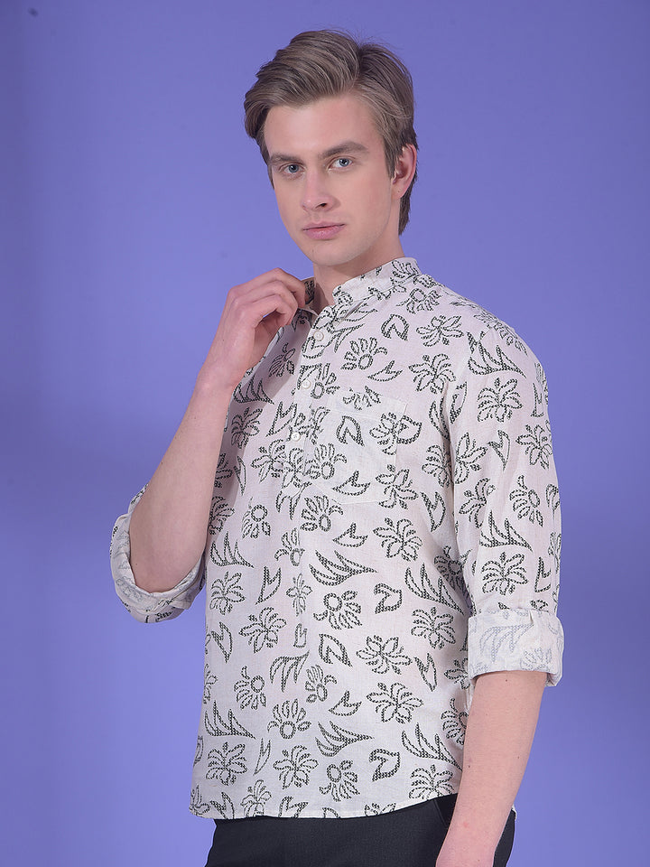 Black Floral Printed Linen Kurta