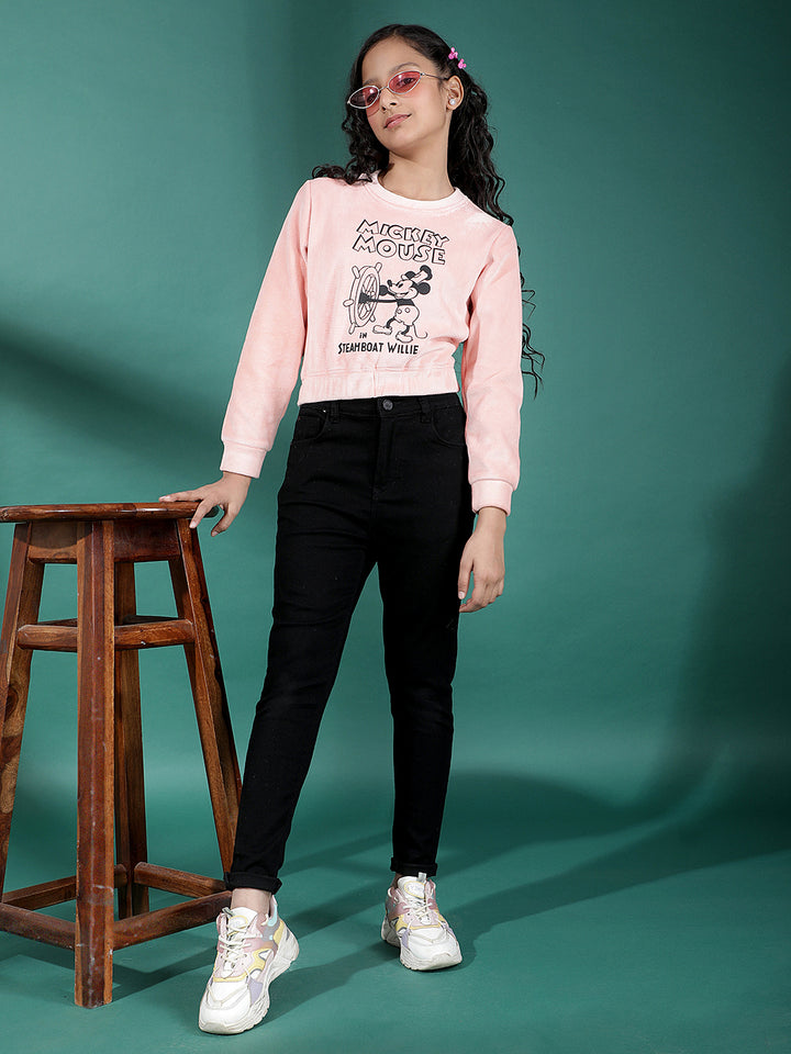 Pink Graphic Print Crop-Length Sweatshirt-Girls Sweatshirts-Crimsoune Club