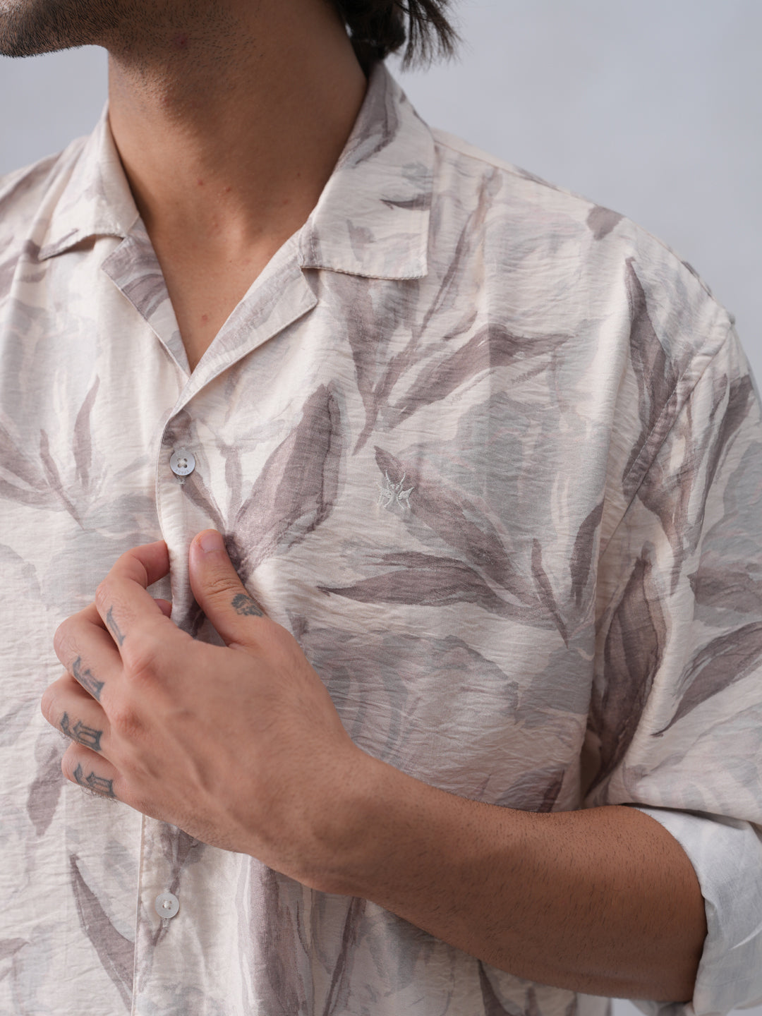 Beige Floral Print Resort-Collar Shirt