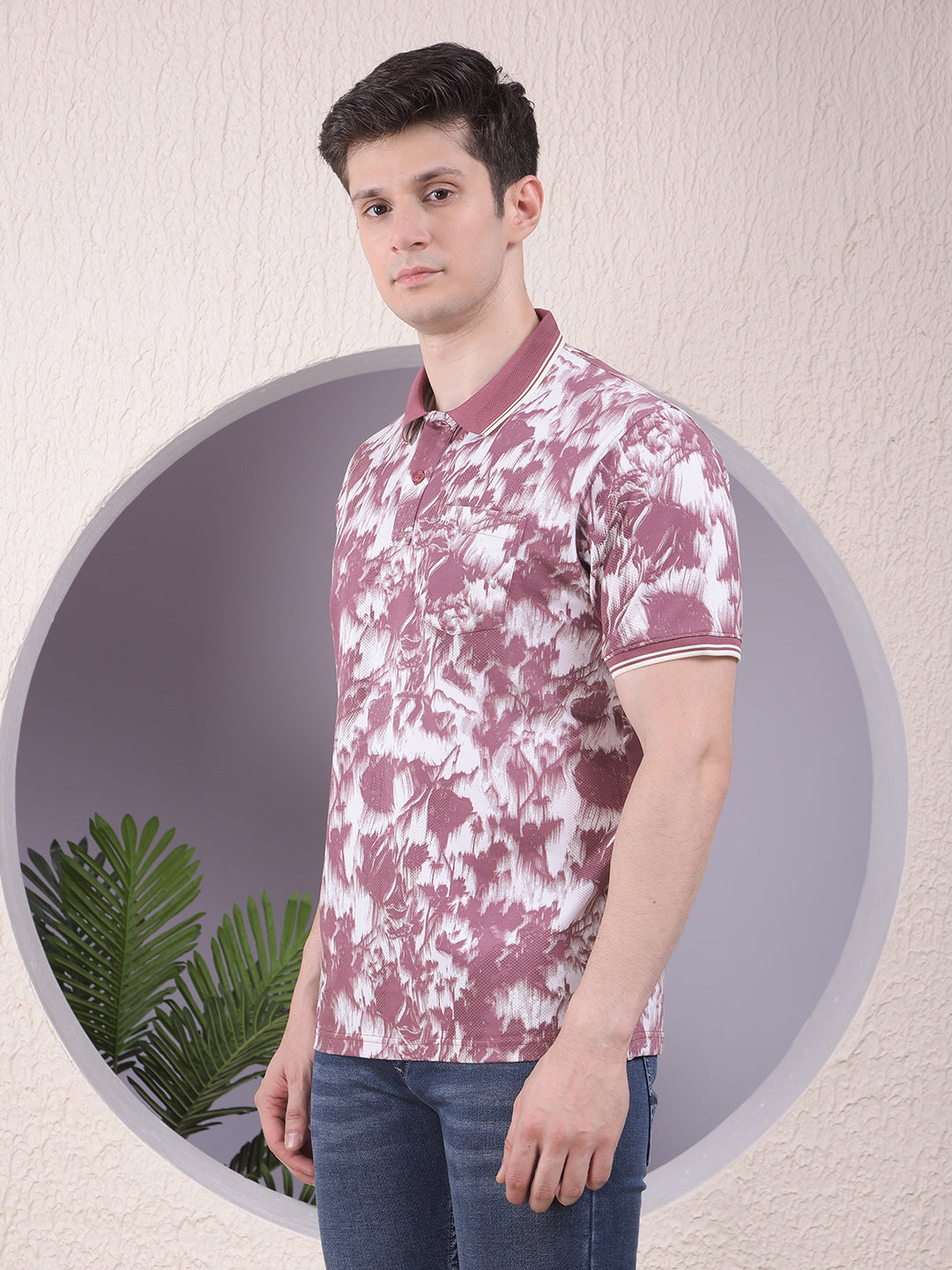 Maroon Floral Print Polo-Neck T-Shirt