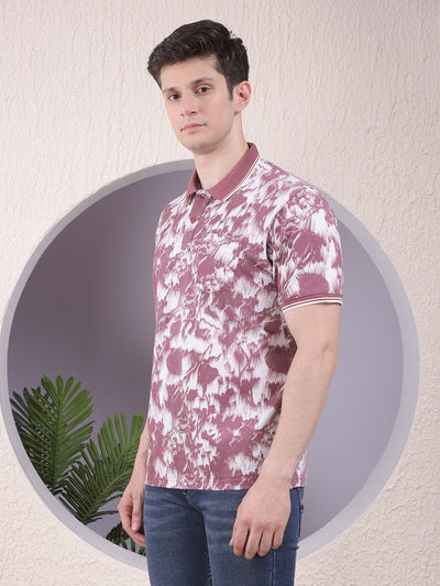 Maroon Floral Print Polo-Neck T-Shirt