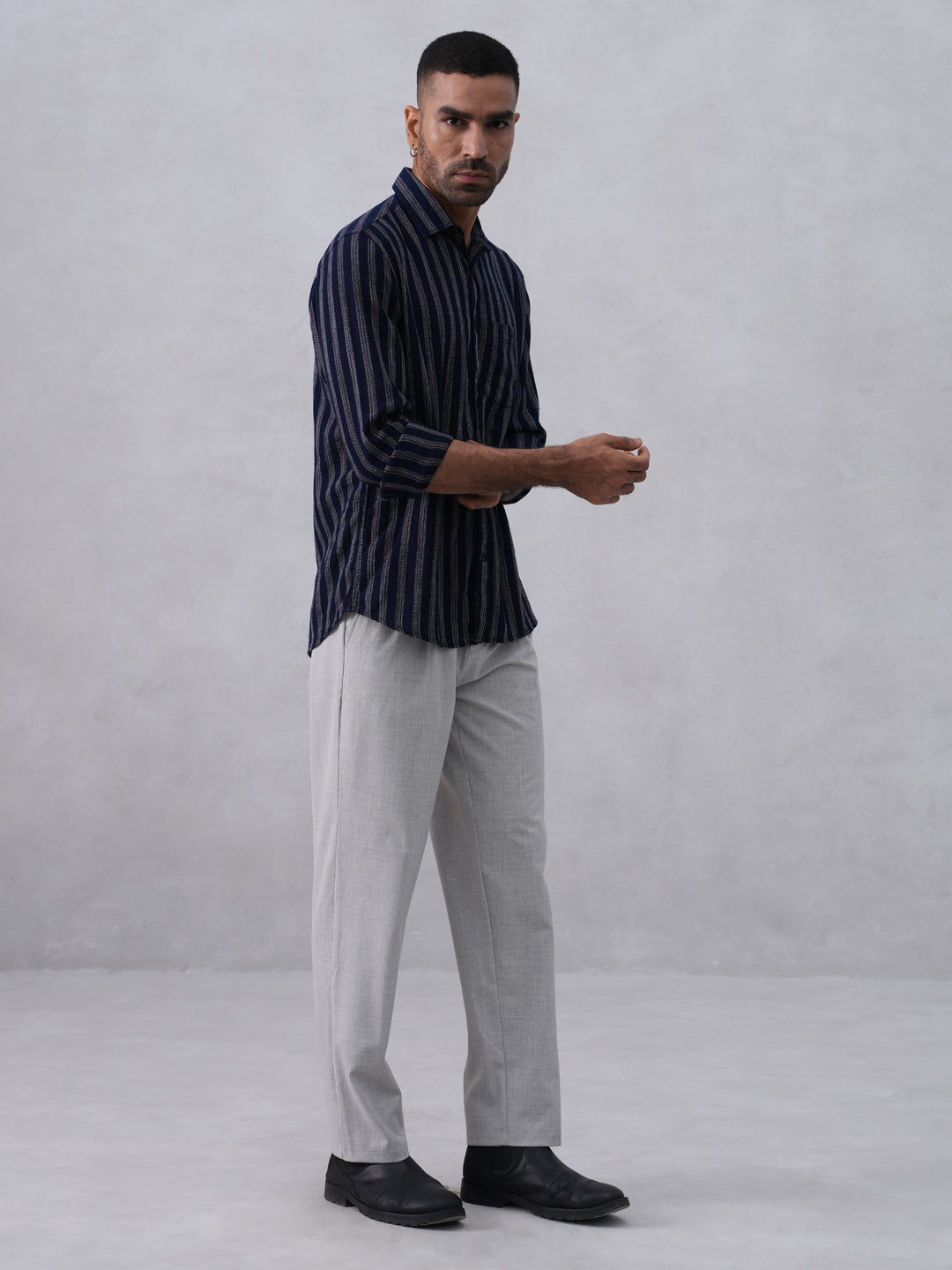 Navy Blue Vertical Stripes 100% Cotton Shirt