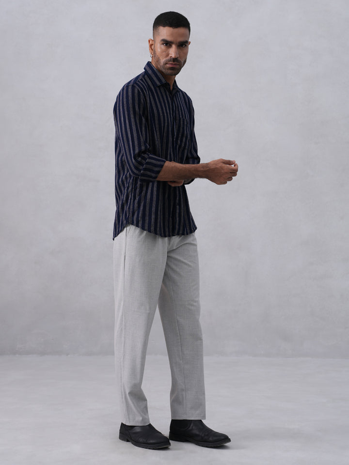 Navy Blue Vertical Stripes 100% Cotton Shirt