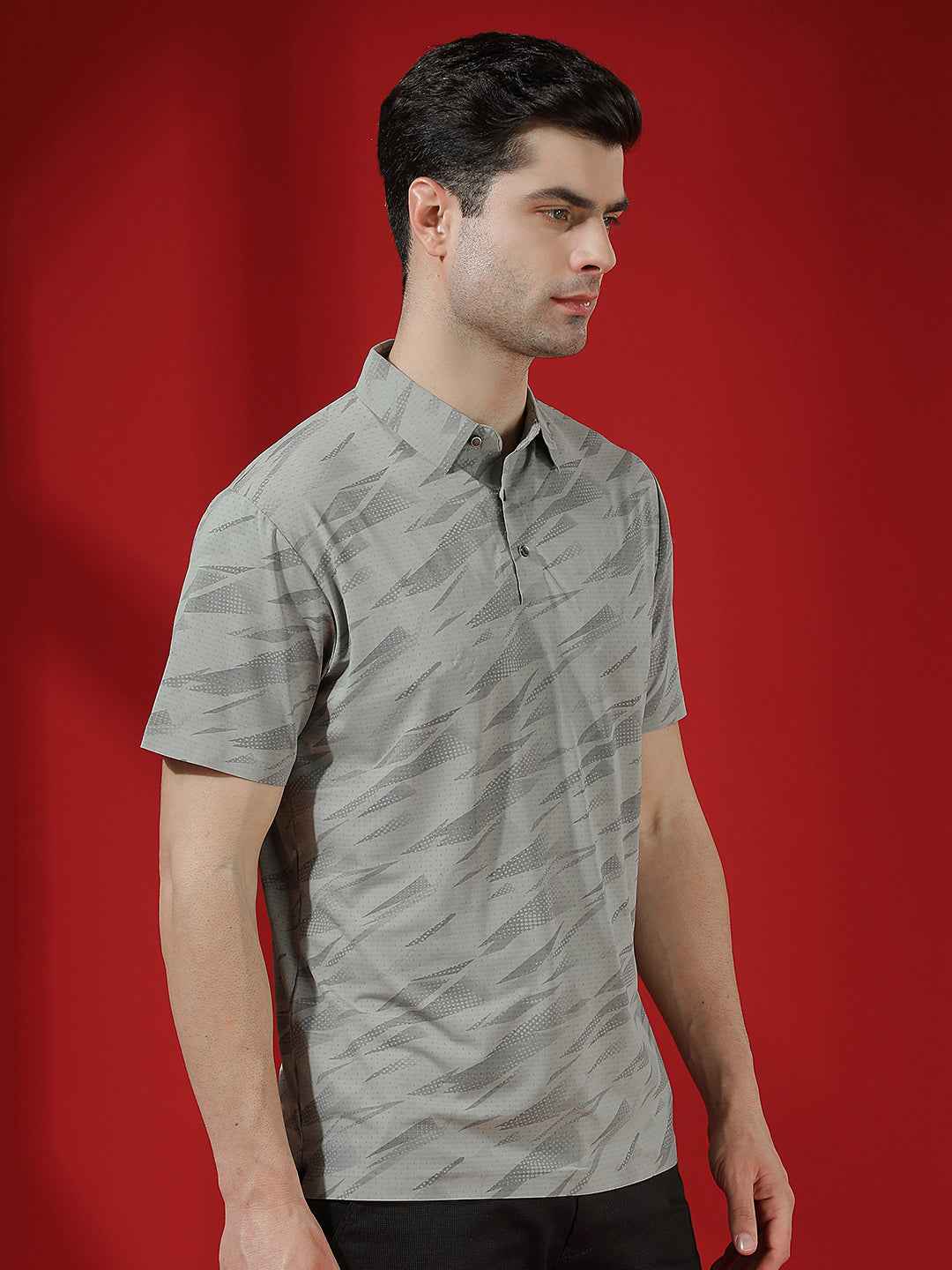 Grey Camouflage Print Polo T-Shirt