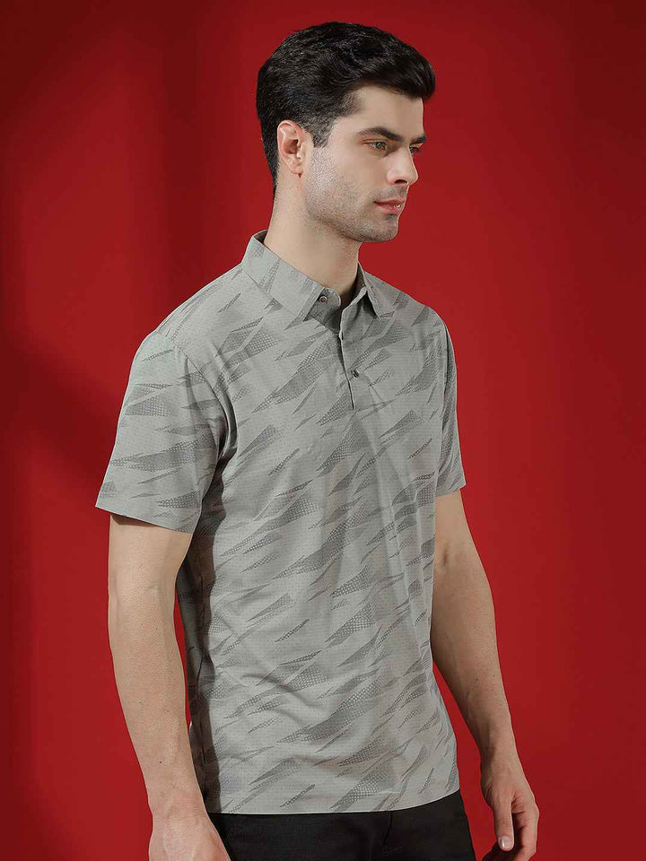 Grey Camouflage Print Polo T-Shirt
