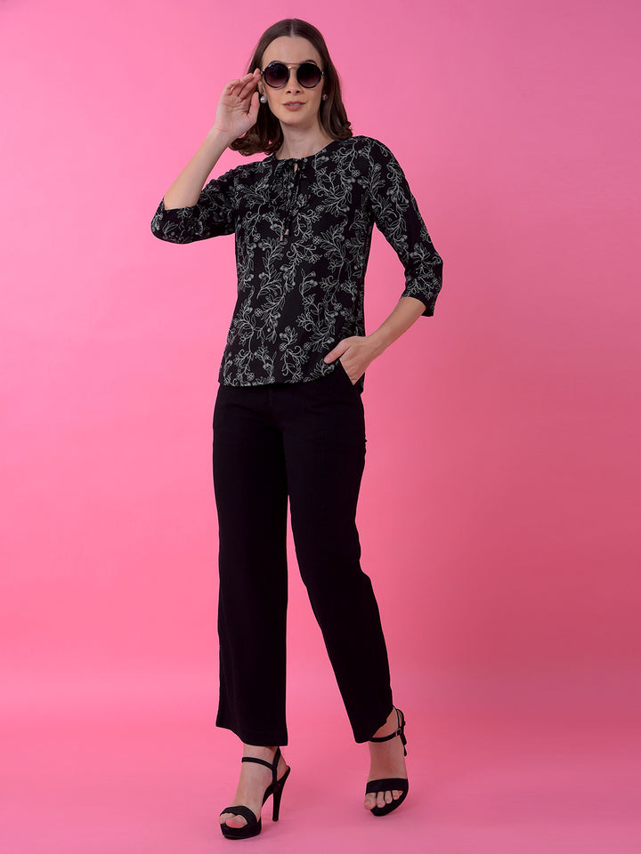 Black Floral Print Tie-Up Top