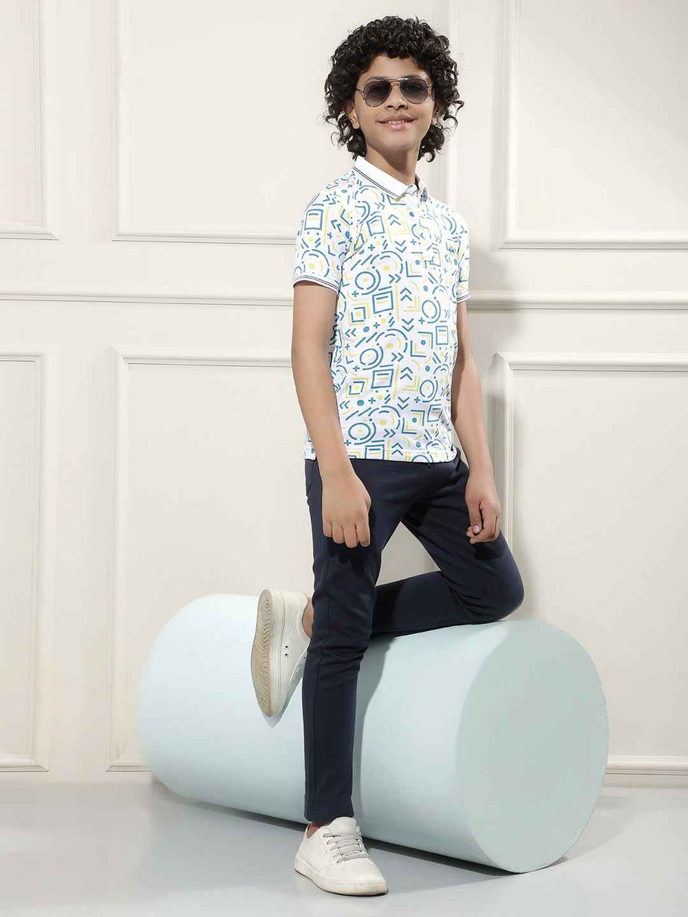 Geometric Print White Polo T-Shirt