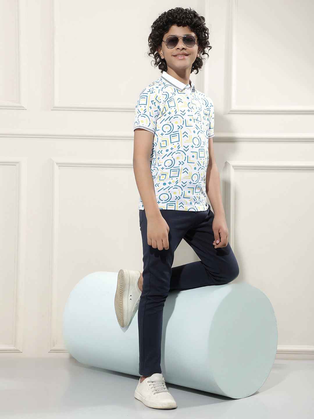 Geometric Print White Polo T-Shirt