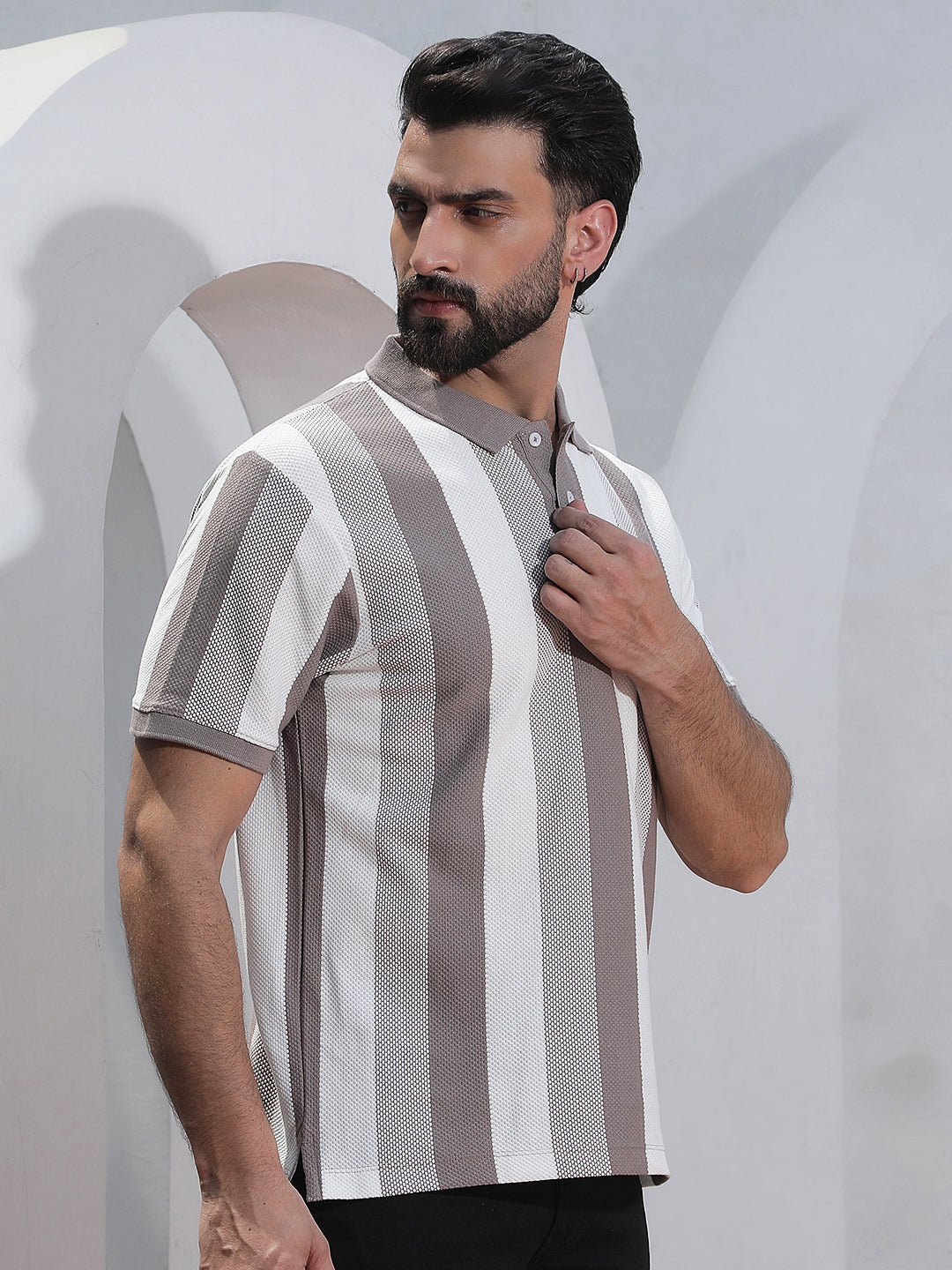 Grey Vertical Striped Polo Neck T-Shirt