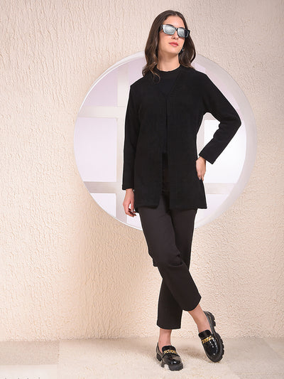 Black Printed V-Neck Open Front Shrug