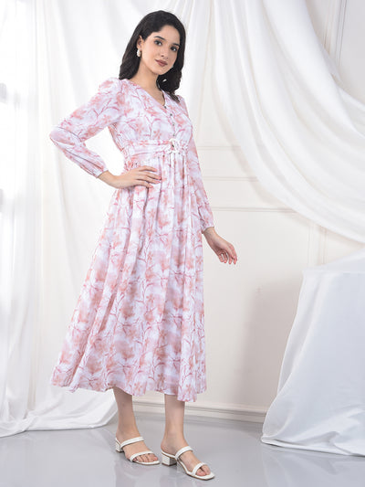 Peach Floral Print V-Neck A-Line Dress-Women Dress-Crimsoune Club