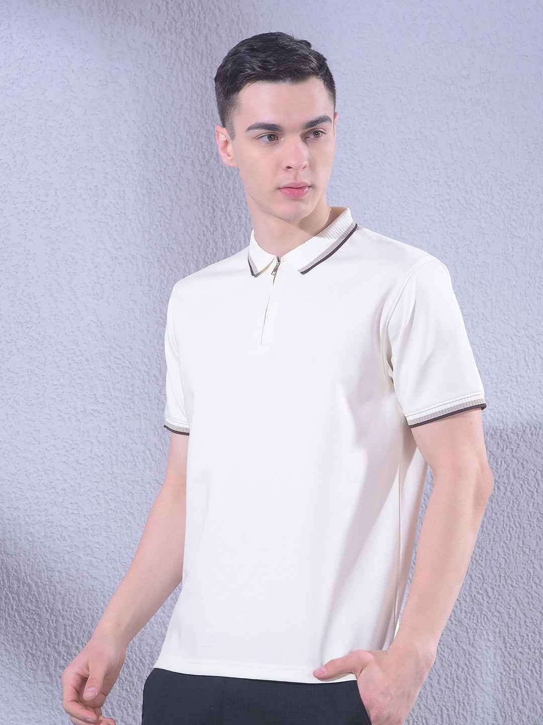 White Polo Neck T-Shirt with Zip Closure
