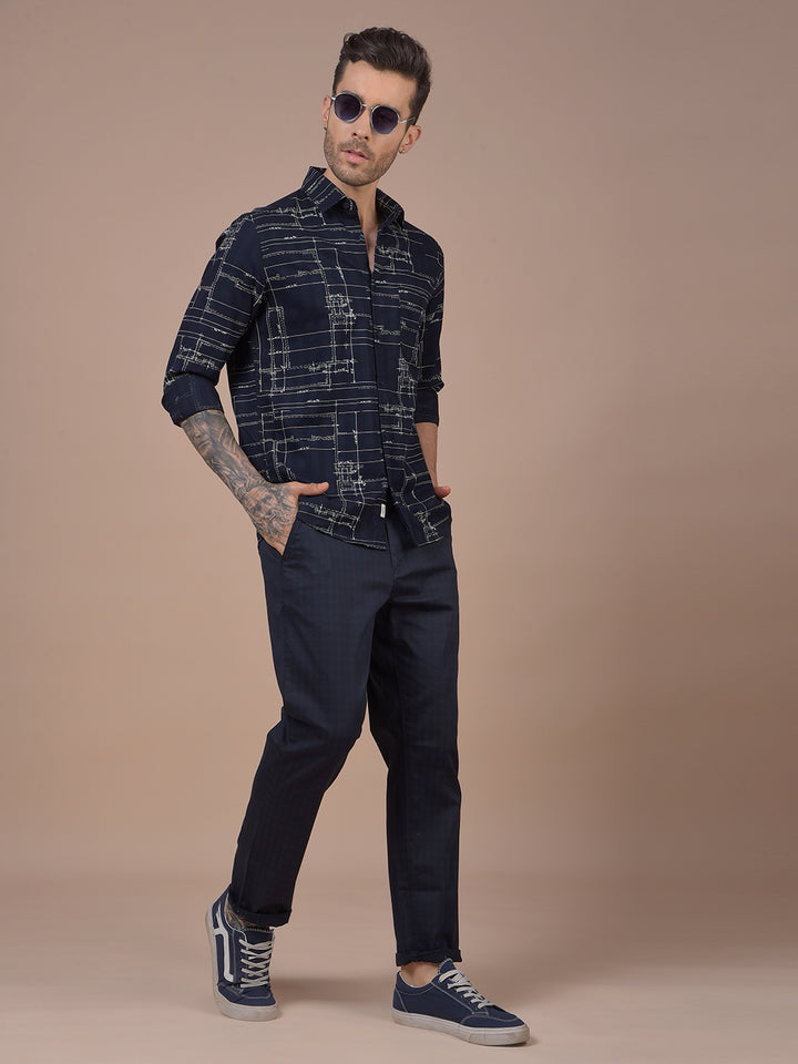 Navy Blue Printed 100% Cotton Shirt