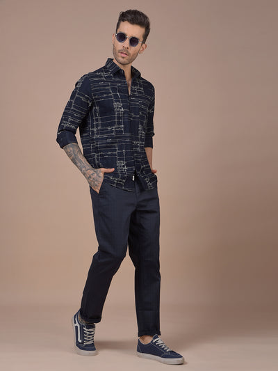 Navy Blue Printed 100% Cotton Shirt