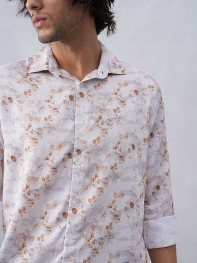 Peach Floral Print Linen Shirt