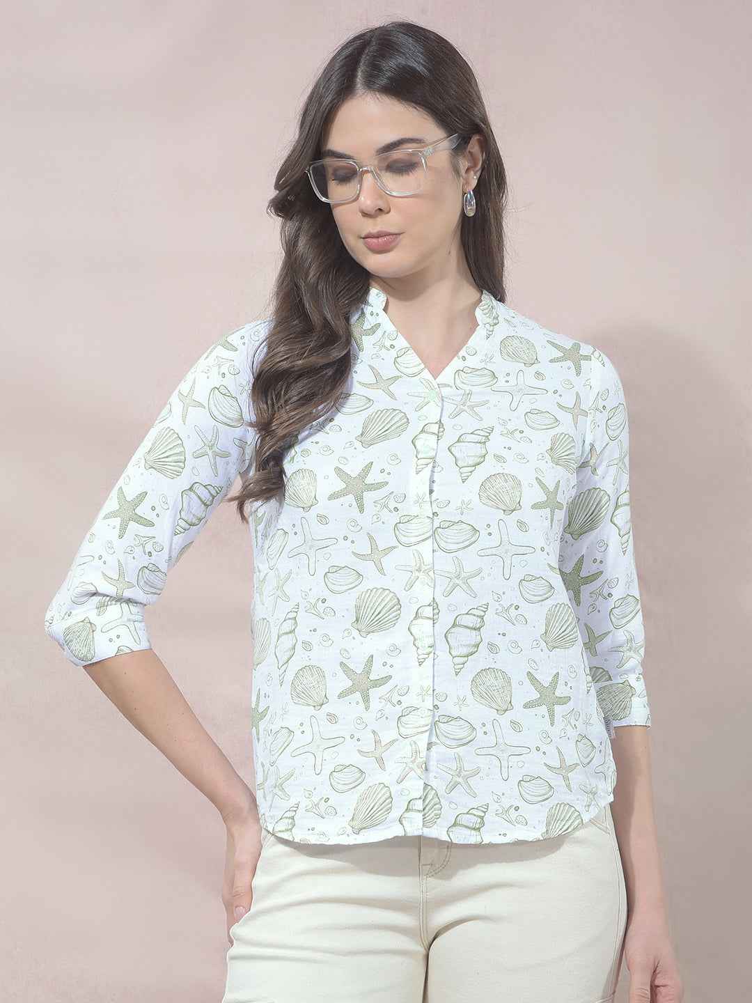 Green Printed V-Neck 100% Cotton Shirt