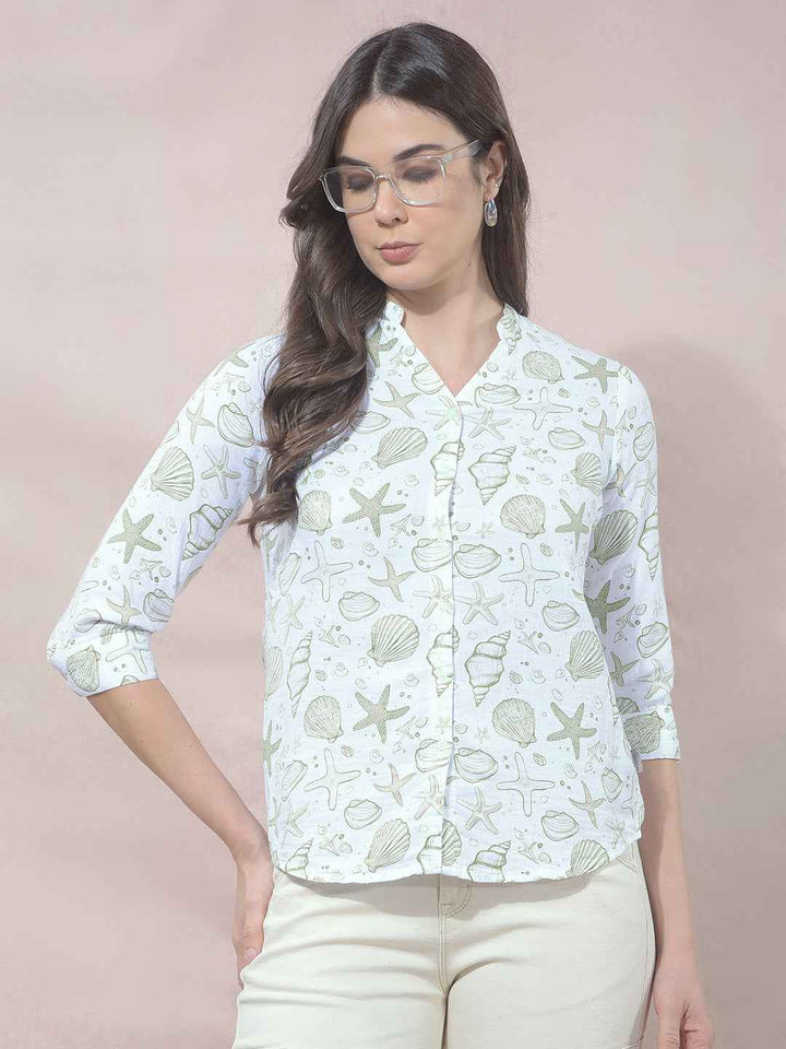 Green Printed V-Neck 100% Cotton Shirt