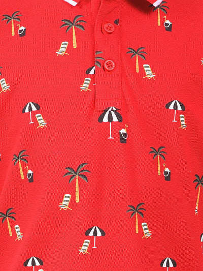 Red Floral Print Polo Neck T-Shirt