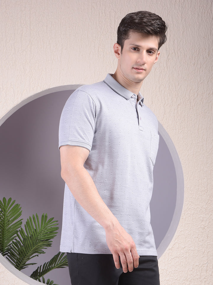 Grey Printed Polo Neck T-Shirt-Men T-Shirts-Crimsoune Club