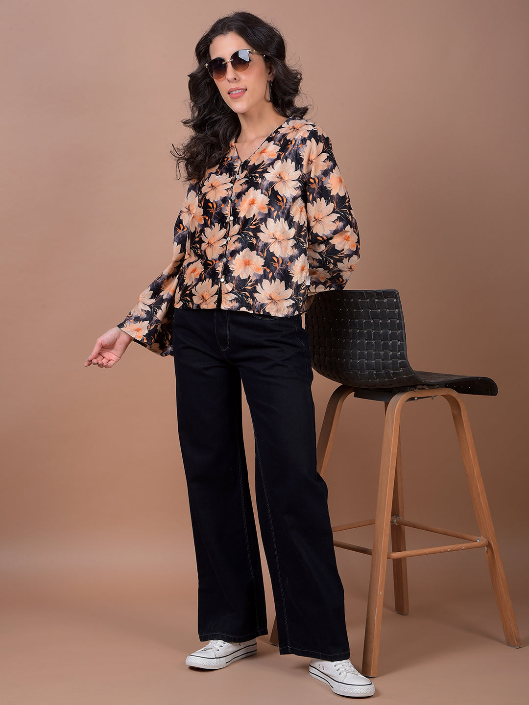 Peach Floral Print V-Neck Top