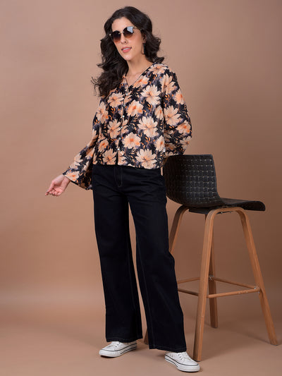 Peach Floral Print V-Neck Top