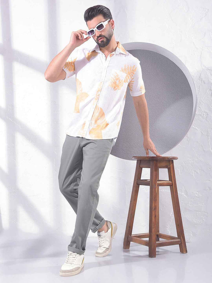 Yellow Floral Print Linen Shirt