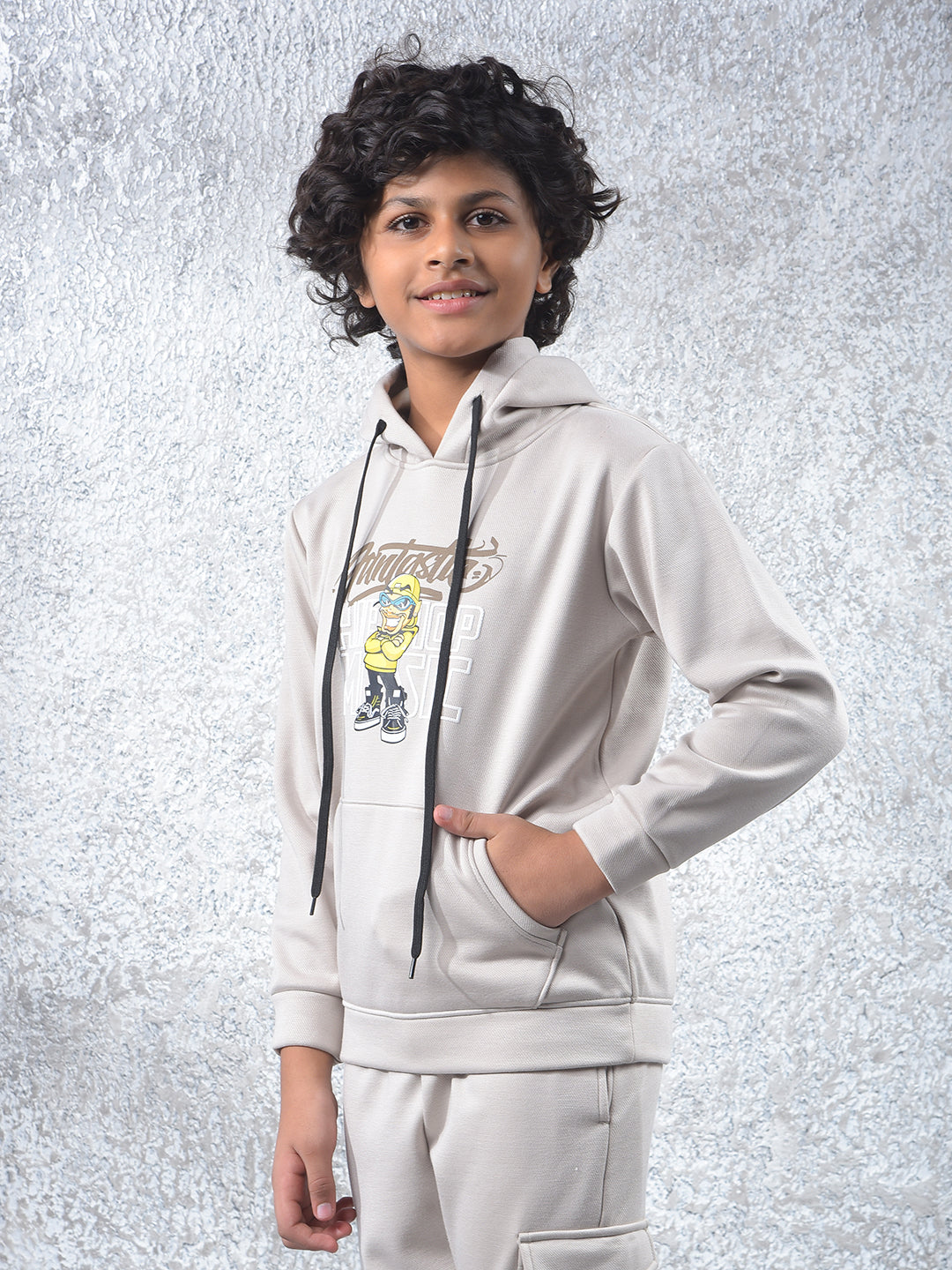 Beige Graphic Print Hooded Neck Sweatshirt
